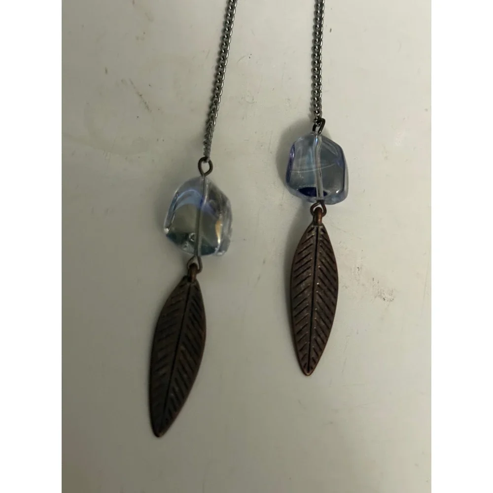 Boho Long Dangle Leaf Earrings Blue Stone Silver Chain Bronze Tone Drop